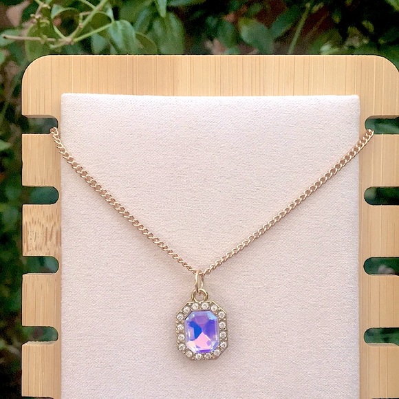 Lilac Aurora Borealis Opal Emerald Crystal Halo Pendant Necklace - Picture 5 of 12
